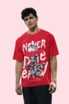 VibyVibes Men’s Oversized T-Shirt | 210 GSM Cotton | Red “Never Die Easy” Skeleton Graphic Tee | Streetwear for Men