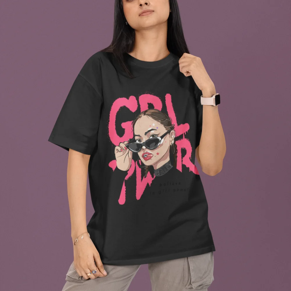 Women’s Black Oversized Graphic T-Shirt – GRL PWR Print | 100% Cotton Biowash